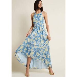 Modcloth Brave New Whirl High Low Halter Maxi Dress Blue Yellow Floral M